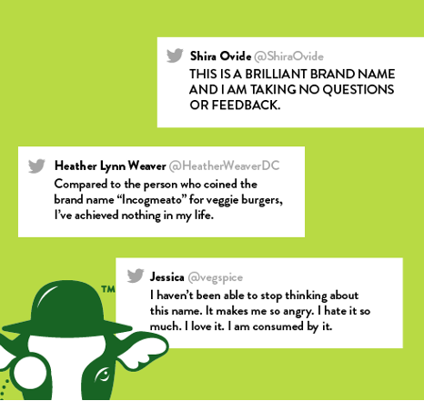 tweets reacting to Incogmeato brand name